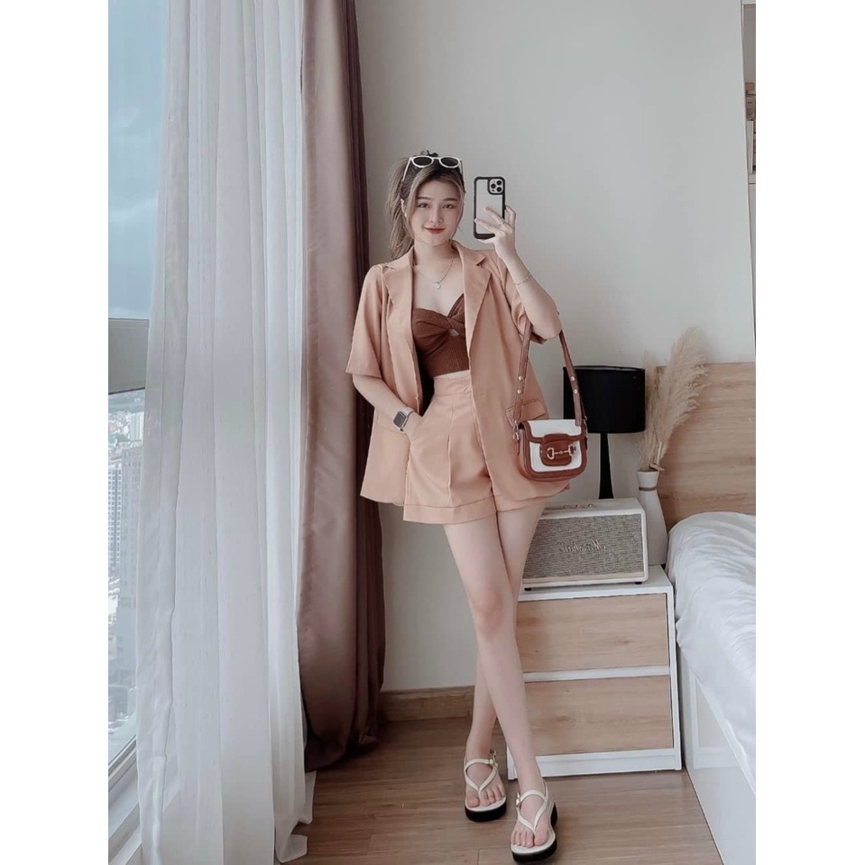 (Sale FreeShip) Sét Nữ 3 Món Đi Chơi Aó Vest From Dài Tay Ngắn Mix Quần Có Túi Kèm Lót Thun Gân,Chất Đẹp Hàng Chuẩn Shop