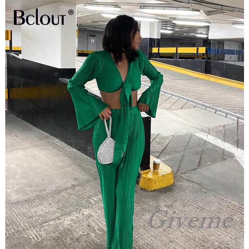 Set Áo Lửng Hai Dây Cổ V Sâu + Quần Dài Ống Rộng Thời Trang Nữ