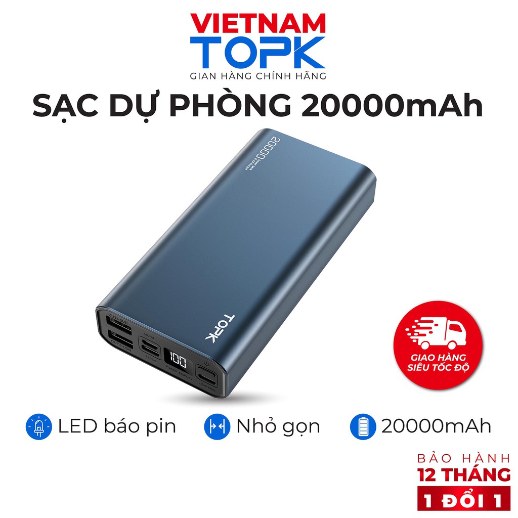 Sạc dự phòng 20000mAh TOPK I2006P Sạc nhanh PD QC 3.0 18W 3 đầu ra - Hàng phân phối chính hãng Bảo hành 12 tháng 1 đổi 1