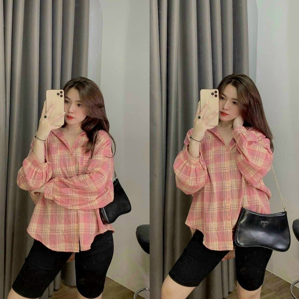 SET BỘ ÁO SƠ MI QUẦN LEGGING - ÁO SƠ MI HỒNG - HỌA TIẾT KẺ CARO NĂNG ĐỘNG - QUẦN CO GIÃN MẶC THỎA MÁI