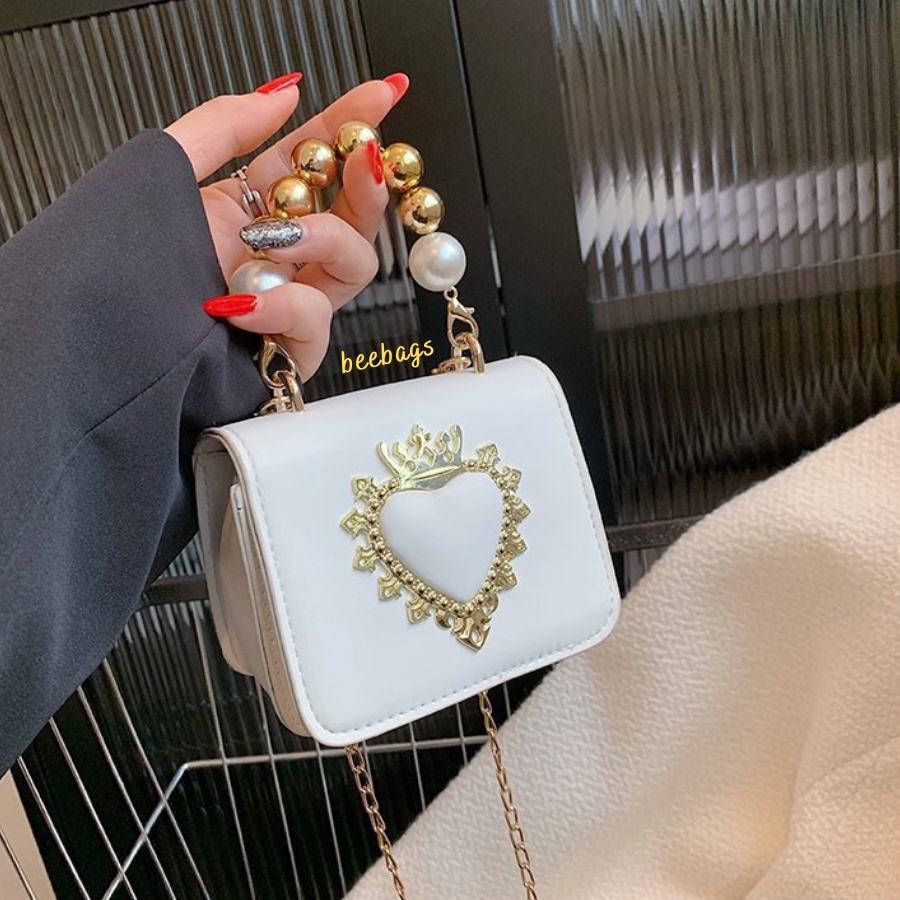 Túi Mini Dây Ngọc Cầm Tay Họa Tiết Trái Tim Vương Miện Sang Chảnh | TX42 | Túi Cầm Tay Kèm Dây Xích Màu Be, Trắng, Đen