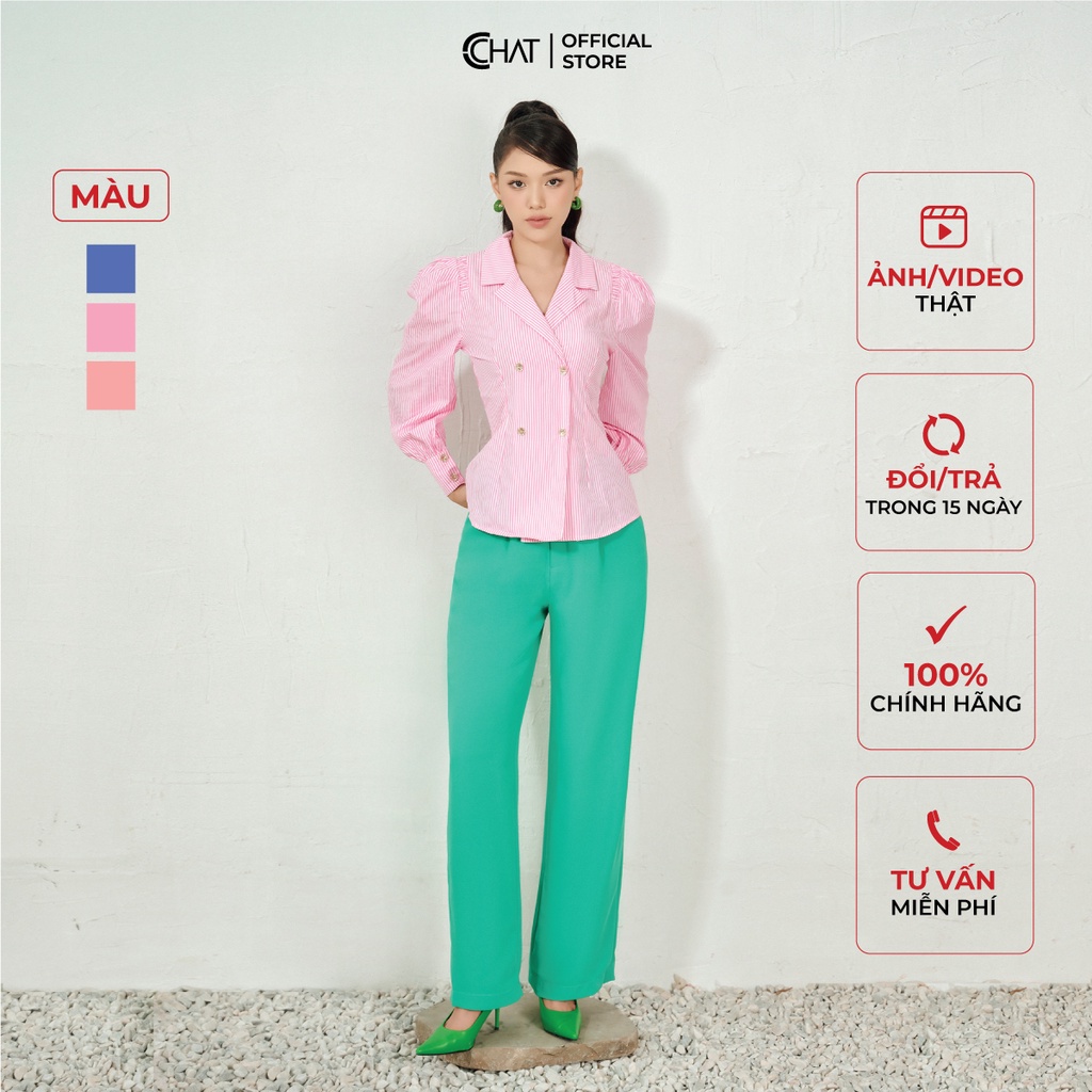 Áo Sơ Mi Nữ 𝐂𝐂𝐇𝐀𝐓 Kẻ Vai Chun Kiểu Chất Thô Cao Cấp Phong Cách Trẻ Trung 12FDT7002OT