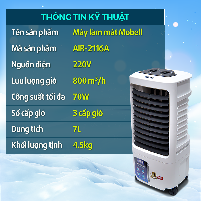 Quạt điều hòa không khí siêu mát, Quạt làm mát Mobell AIR-2116A - Công suất 90W- Dung tích 8L-Bảo hành lên đến 12 tháng.