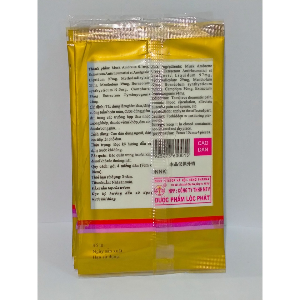 Cao dán CỐT CHỈ THỐNG XẠ HƯƠNG gói 4 miếng dán