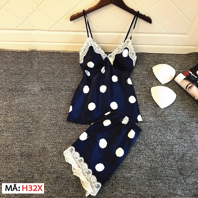 HISEXY Đồ Bộ Ngủ Chấm Bi Có Mút Ngực Quần Cộc Lụa Satin Có Mút Ngực MS38 | BigBuy360 - bigbuy360.vn