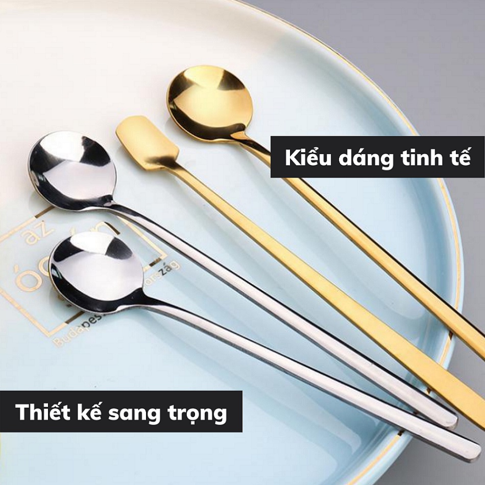 Thìa inox 304 cán dài pha trà muỗng cafe dụng cụ pha cà phê hình thức sang trọng chiều dài 13-15-17 cm