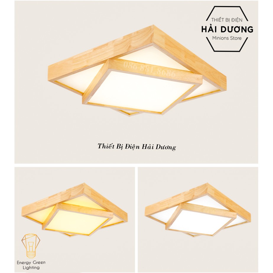 Đèn Ốp Trần Thân Gỗ Cao Cấp DGT-Y380 - 2 Lớp, 3 Lớp Hình Vuông - Đường Kính 48cm - Energy Green Lighting-Bảo Hành 1 Năm