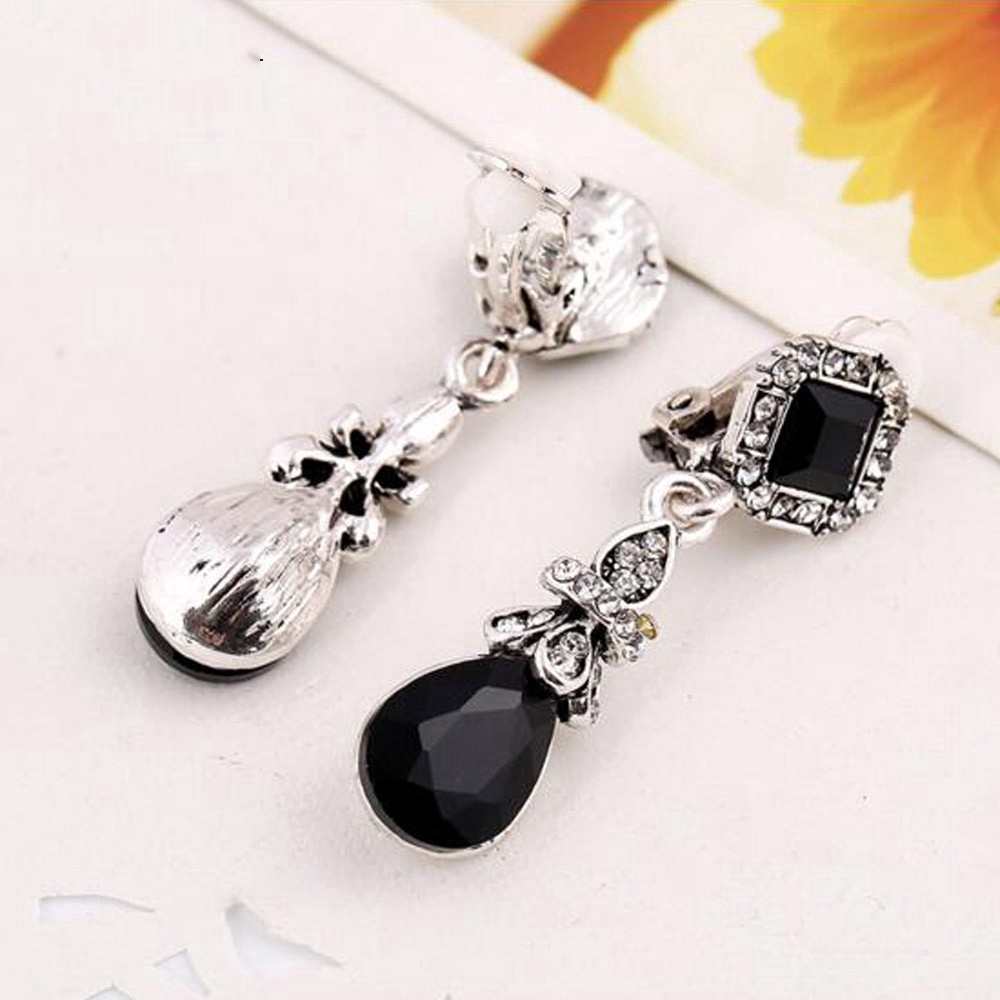 Khuyên tai kẹp hình vuông bằng nhựa Resin màu đỏ đen cổ điển phong cách Bohemian không xỏ lỗ cho nữ