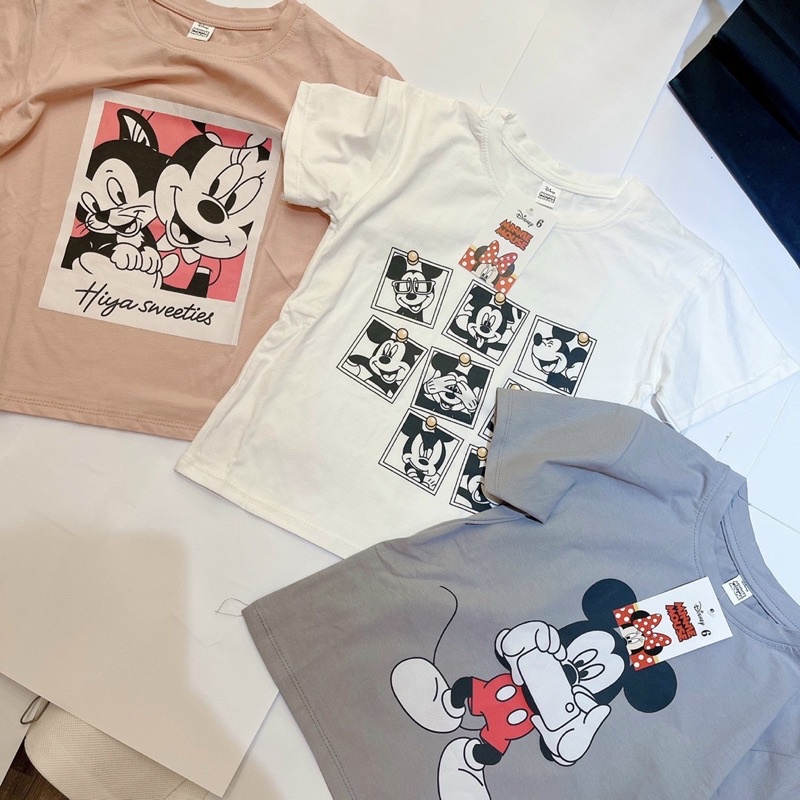 Set 3 áo thun cotton cộc tay mickey bé gái, áo phông cổ tròn trẻ em họa tiết hoạt hình chất mềm mịn, thoáng mát