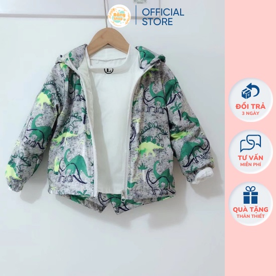 Áo gió bé trai dày dặn 3 lớp lót trần trám họa tiết khủng long rất đẹp