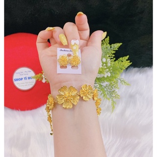 Set 1 lắc tay hoa mai 1 đôi bông tai hoa mai mạ vàng 24 cao cấp mẫu mới siêu đẹp