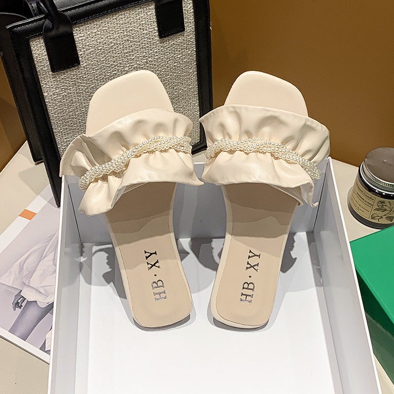 Dép nữ thời trang quai ngang nhún bèo đính cườm đủ size - Nahuno