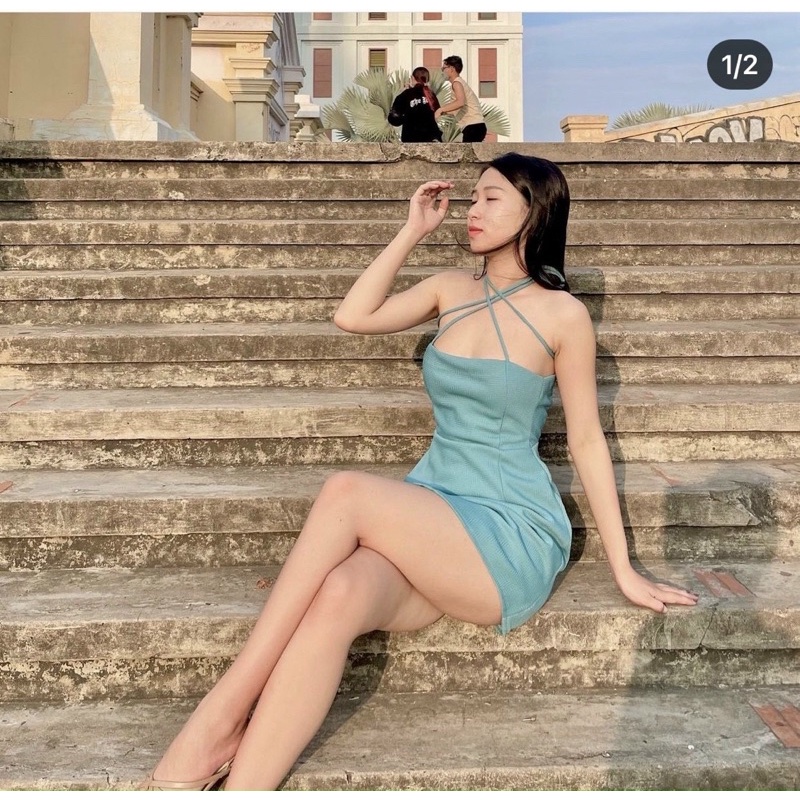 ĐẦM DẠ XANH DÂY CỘT NƠ VAI