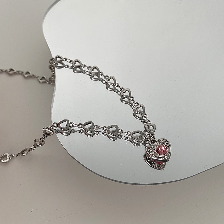 Vòng cổ kim loại mặt hình trái tim đính đá zircon phong cách retro đơn giản