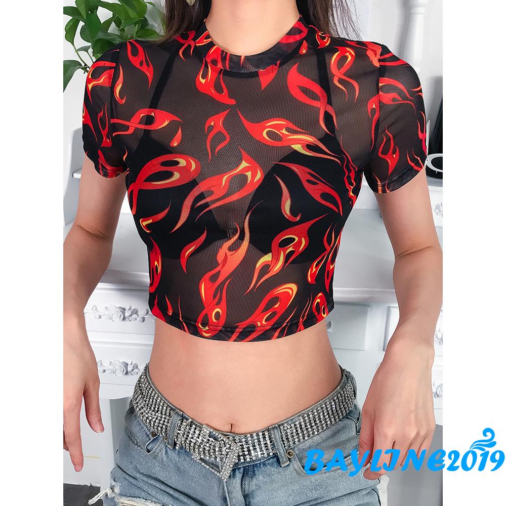 Áo Croptop Phối Lưới Xuyên Thấu Dành Cho Nữ