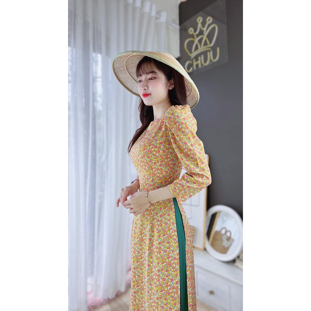Áo dài nữ cách tân hoa nhí tay phồng không kèm quần CHUU AD8041