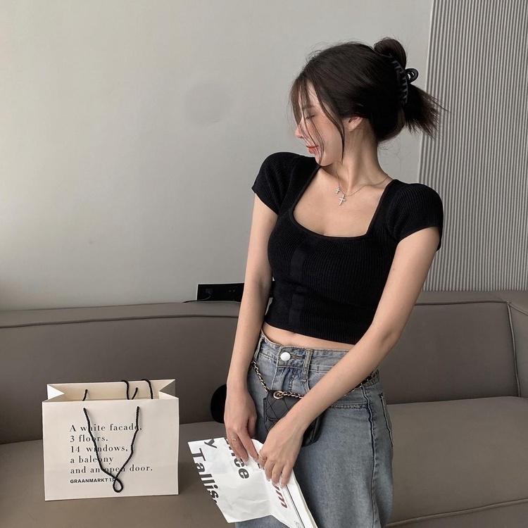 Áo ZHELIHANGFEI dệt kim tay ngắn cổ vuông hở eo quyến rũ cho nữ tùy chọn màu sắc
