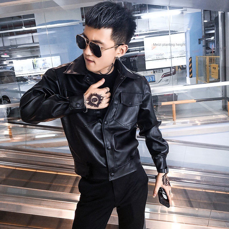 Áo khoác da ngắn tự tu luyện đẹp trai hàn quốc đầu máy xã hội anh chàng nam sành điệu xu hướng mạng người nổi tiếng nhanh tay