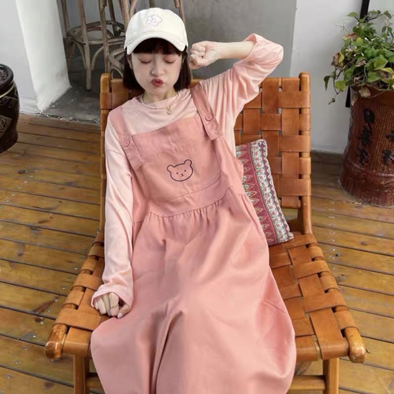 Set Áo Tay Dài Và Đầm Yếm Màu Trơn Phong Cách Hàn Quốc Cho Nữ