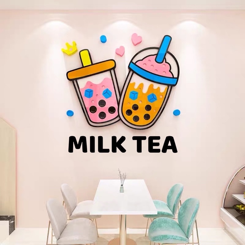 Tranh mica 3d dán tường các mẫu tranh hình ly trà sữa dễ thương, doremon trang trí quán trà sữa