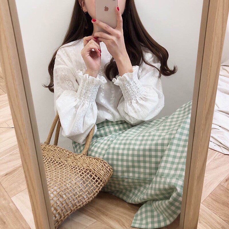 [Ảnh thật] Áo babydoll trắng ren cổ bo tay tiểu thư siêu xinh