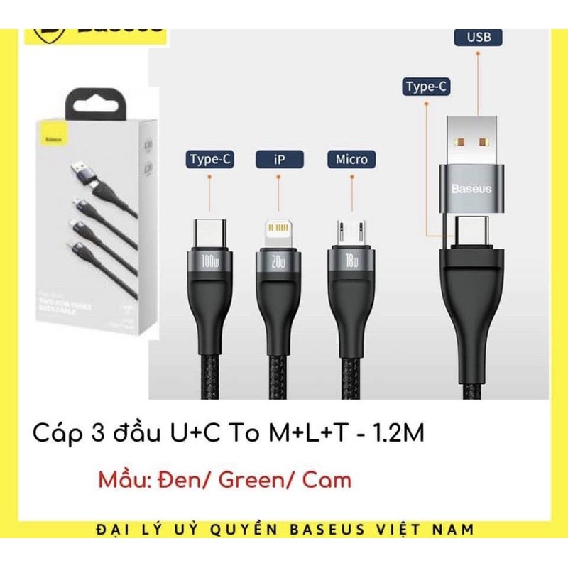 cáp 3 đầu sạc siêu nhanh 5A BASEUS 2 đầu cắm tương thích các loại cốc sạc