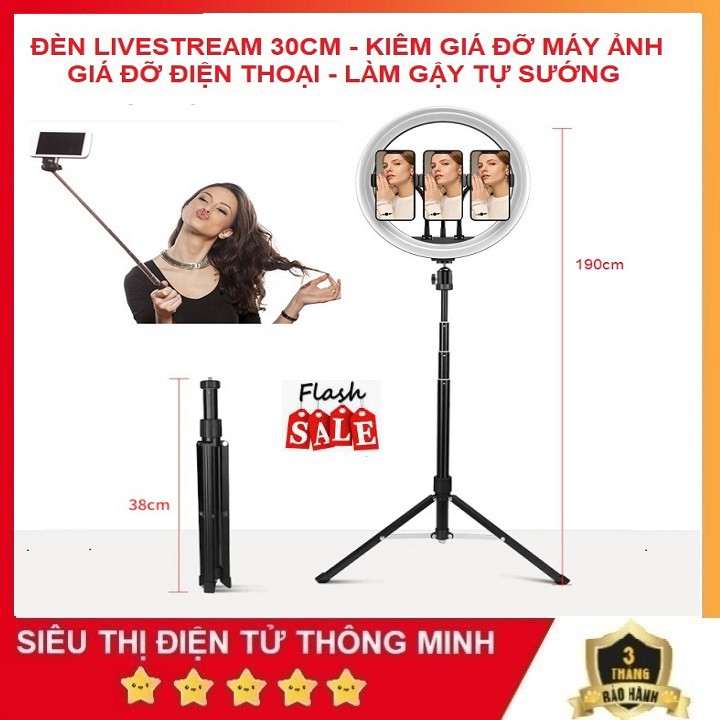 Đèn Livestream 30cm, Chân Rút Cao 190cm 4in1 Tặng Kẹp Điện Thoại - Làm Chân Đỡ Máy Ảnh - Làm Gậy Chụp Ảnh Rất Nhẹ