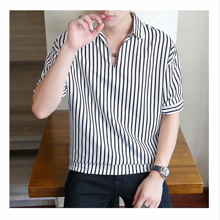 Áo sơ mi tay ngắn phối cúc kẻ sọc thời trang trẻ trung cho nam và nữ | BigBuy360 - bigbuy360.vn