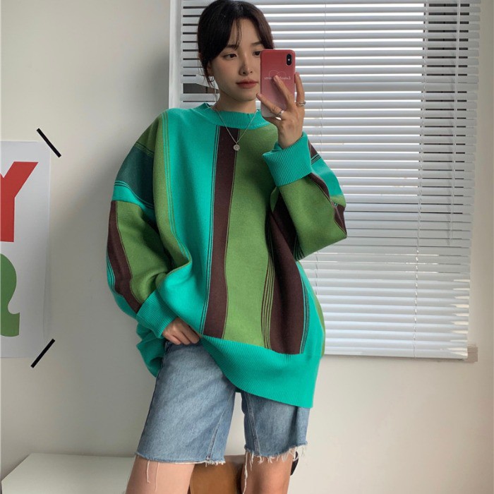 (HÀNG SẴN) Áo len nữ form rộng họa tiết kẻ sọc ô màu xanh nâu nổi bật style retro cổ điển cá tính | BigBuy360 - bigbuy360.vn