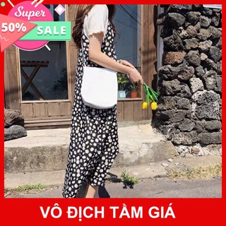 SP sẵn -  SET YẾM DÂY HOA CÚC : ÁO THUN TRẮNG MIX VÁY 2 DÂY HOA CÚC MAXI ĐEN VNXK HOT