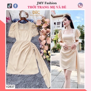 V2837 Váy lụa be cổ vuông tay bồng nhún eo sang chảnh - (DVC&ACC) Dolce viva colection
