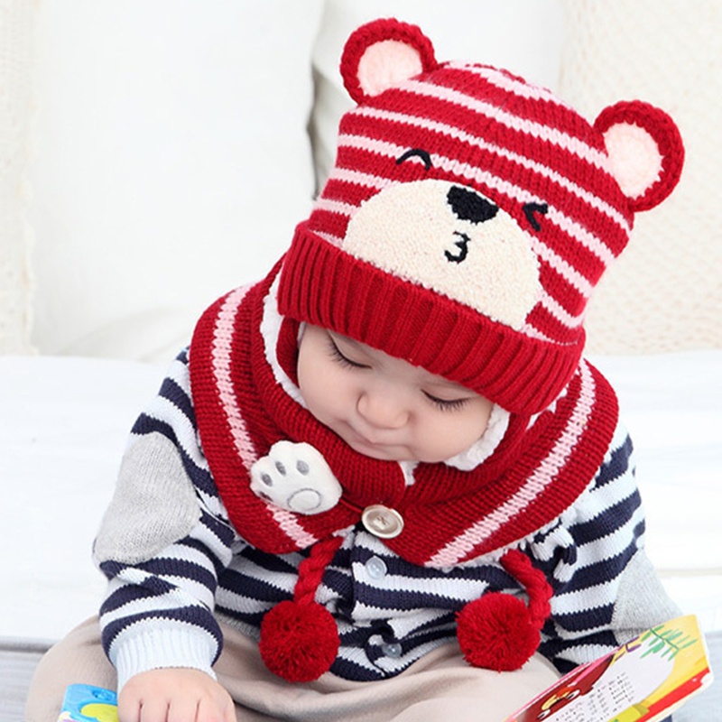 Set 2 Mũ Dệt Kim Mềm Giữ Ấm Mùa Thu Đông In Họa Tiết Gấu Dễ Thương Cho Bé Trai + Gái