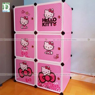Tủ nhựa ghép thông minh giá rẻ 6 ô màu hồng họa tiết Hello Kitty