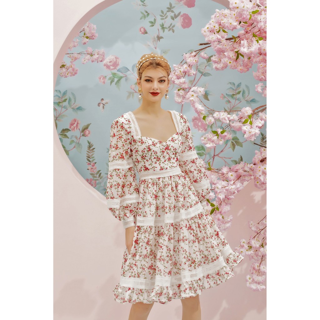 [Mã SKAMSALEP6 giảm 10% tối đa 100K đơn 150K] SÒ VINTAGE - MOZA Đầm hoa tay phồng viền ren