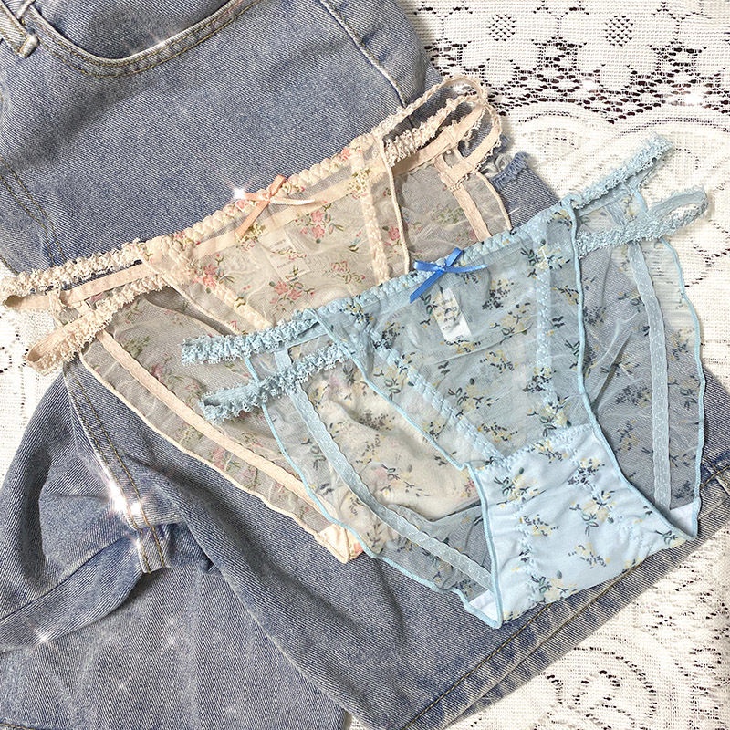 Quần Lót Cotton Lưng Thấp Phối Ren Lưới Đính Nơ Họa Tiết Hoa Quyến Rũ