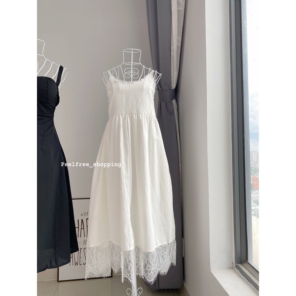 Đầm Trắng Hai Dây Babydoll Dài Phối Ren Mặc Đi Chơi, Đi Tiệc, Sinh Nhật (Hình Thật) D080