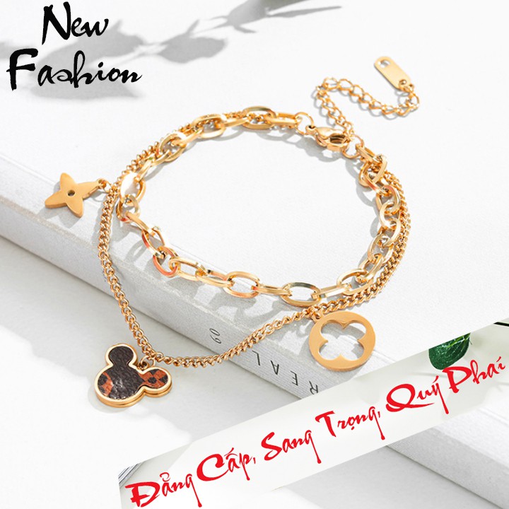 Lắc tay titan cao cấp 2 tầng hình chuột rớt hoa 4 cánh siêu đẹp, bền màu, hợp thời trang mang cá tính độc đáo