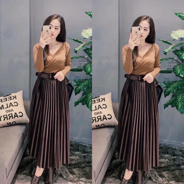 Chân váy nhung xếp ly xòe midi dài Quảng Châu kèm đai lưng cạp cao dáng chữ A sang trọng - Trumomy | BigBuy360 - bigbuy360.vn