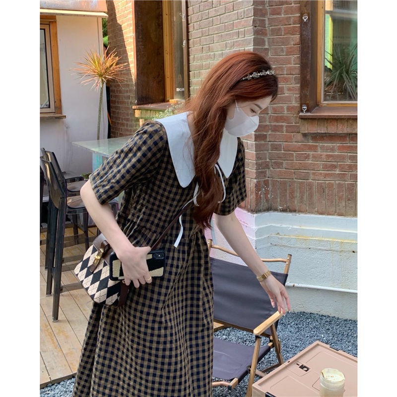 Đầm Chữ A Cổ Búp Bê Kẻ Sọc Ca Rô Thời Trang Mùa Hè Mới Cho Nữ