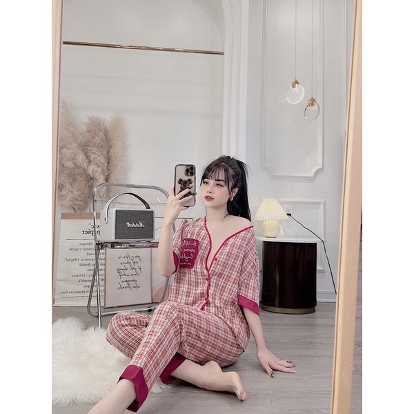 BỘ PIJAMAS HOẠ TIẾT KẺ SỌC HÀNG THIẾT KẾ CAO CẤP BỘ MẶC NHÀ NỮ CỔ V