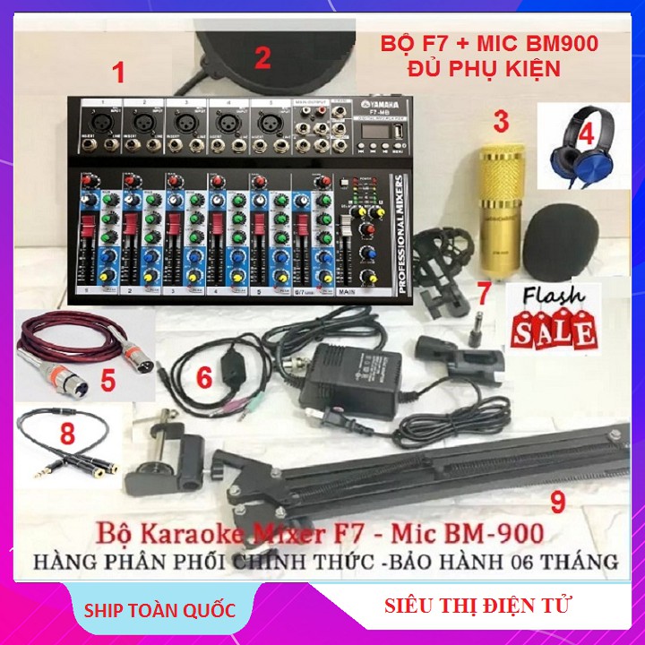 COMBO MIXER F7-MB, BỘ CHỌN ÂM THANH USB BLUETOOTH + MICRO HÁT LIVESTREAM TẶNG TAI NGHE