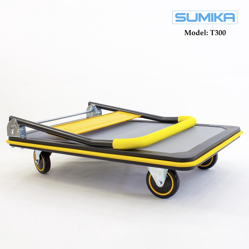 Xe đẩy hàng 4 bánh SUMIKA T300, tay cầm gấp gọn, sàn thép bọc nhựa, bánh xe nhựa PU đàn hồi, tải trọng 300kg