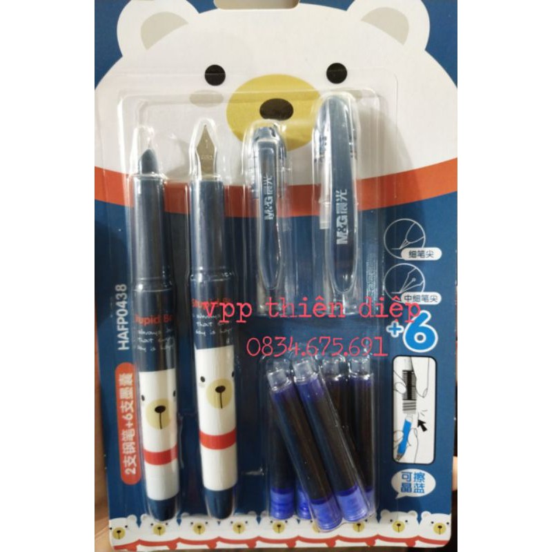 Sét 2 bút máy ngòi trơn kèm 6 ống mực xanh,đen M&G 0438
