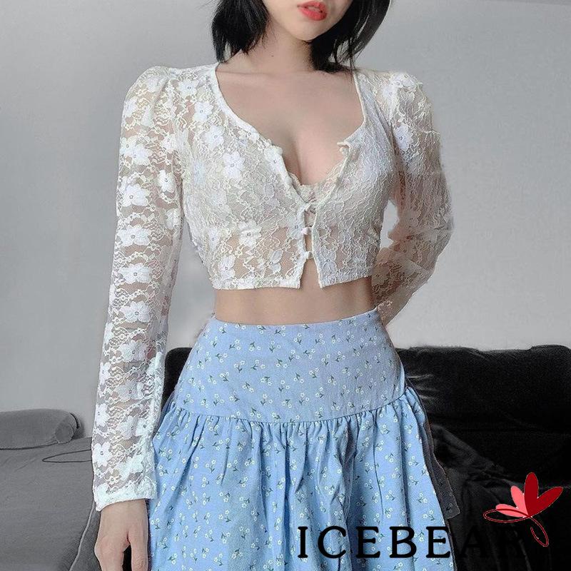 Áo croptop tay dài cổ chữ V phối ren quyến rũ cho nữ