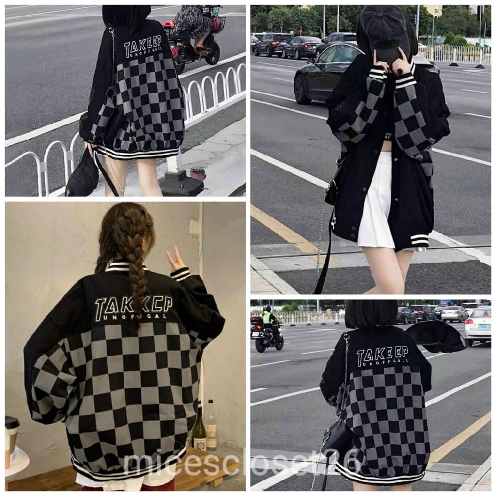 Áo khoác boomber Unisex TAKEEP. Áo boomber nỉ nam nữ dày dặn, họa tiết caro cá tính trẻ trung. | BigBuy360 - bigbuy360.vn