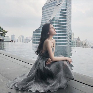 Váy đan dây lưng đen, xám tro hai dây hở lưng dáng xoè bồng bềnh