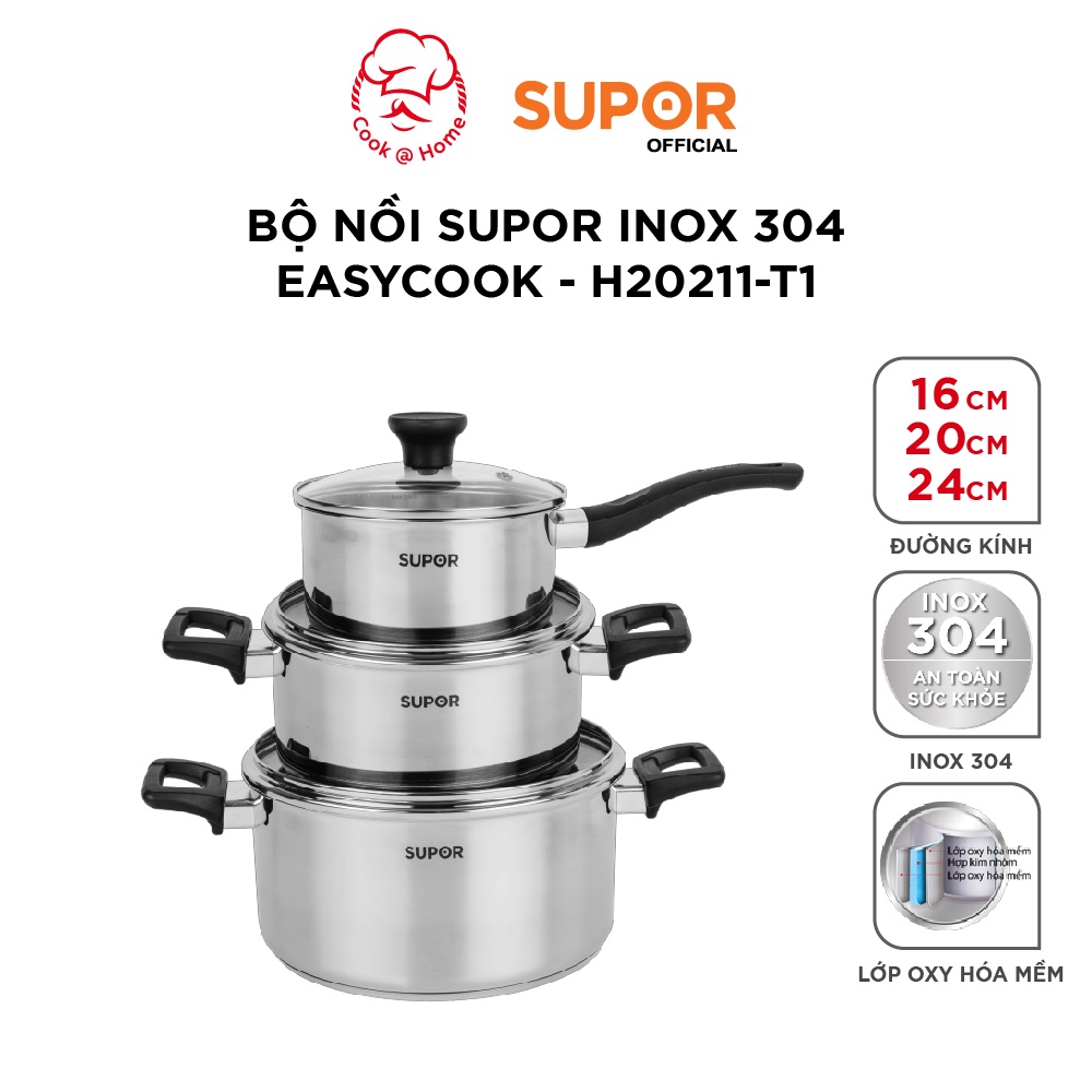 Bộ nồi Supor inox 304 Easycook size 16, 20, 24cm - H20211-T1