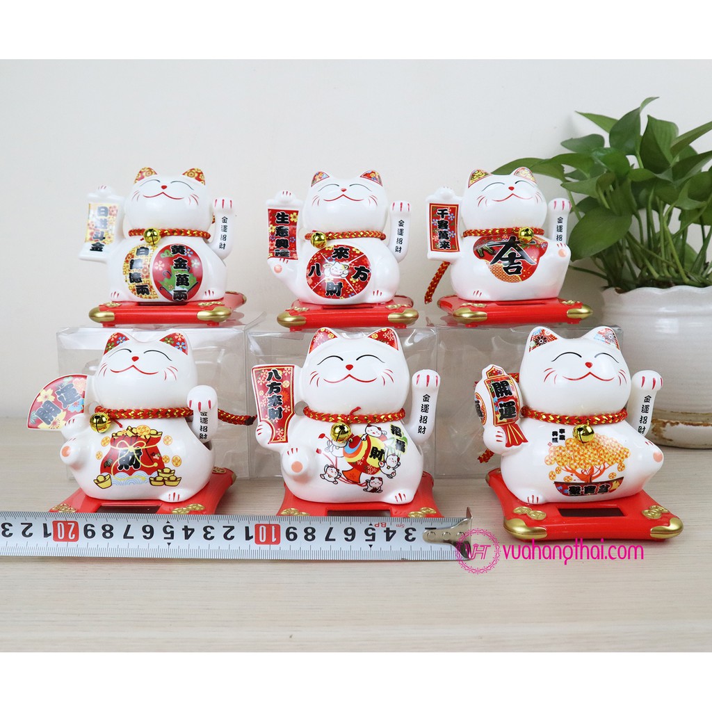 Mèo Thần Tài Vẫy Tay Maneki Neko Dùng Năng Lượng Mặt Trời, Bằng Sứ 11cm - Chiêu Tài Lộc, Kinh Doanh Hồng Phát