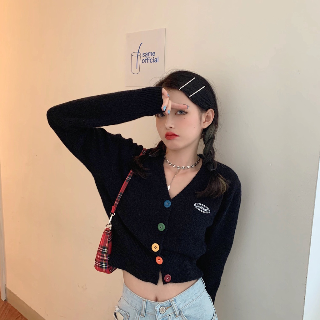 QADCOL Áo cardigan dệt kim tay dài cổ chữ v phối nút ngọt ngào dành cho nữ