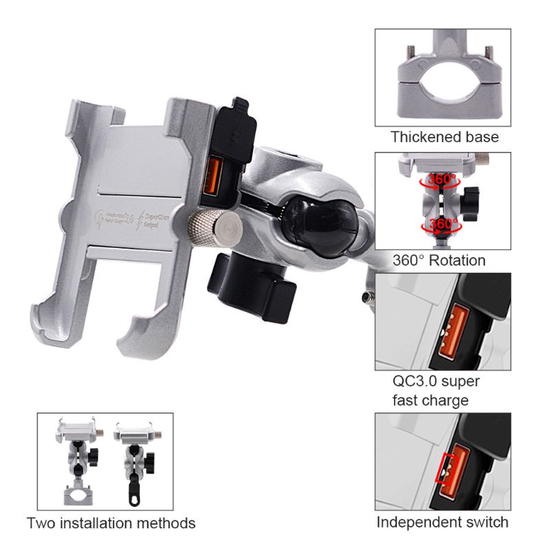 Giá Đỡ Điện Thoại Thông Minh Bằng Kim Loại Chống Thấm Nước Kèm Sạc QC 3.0 USB Tiện Dụng Cho Xe Máy